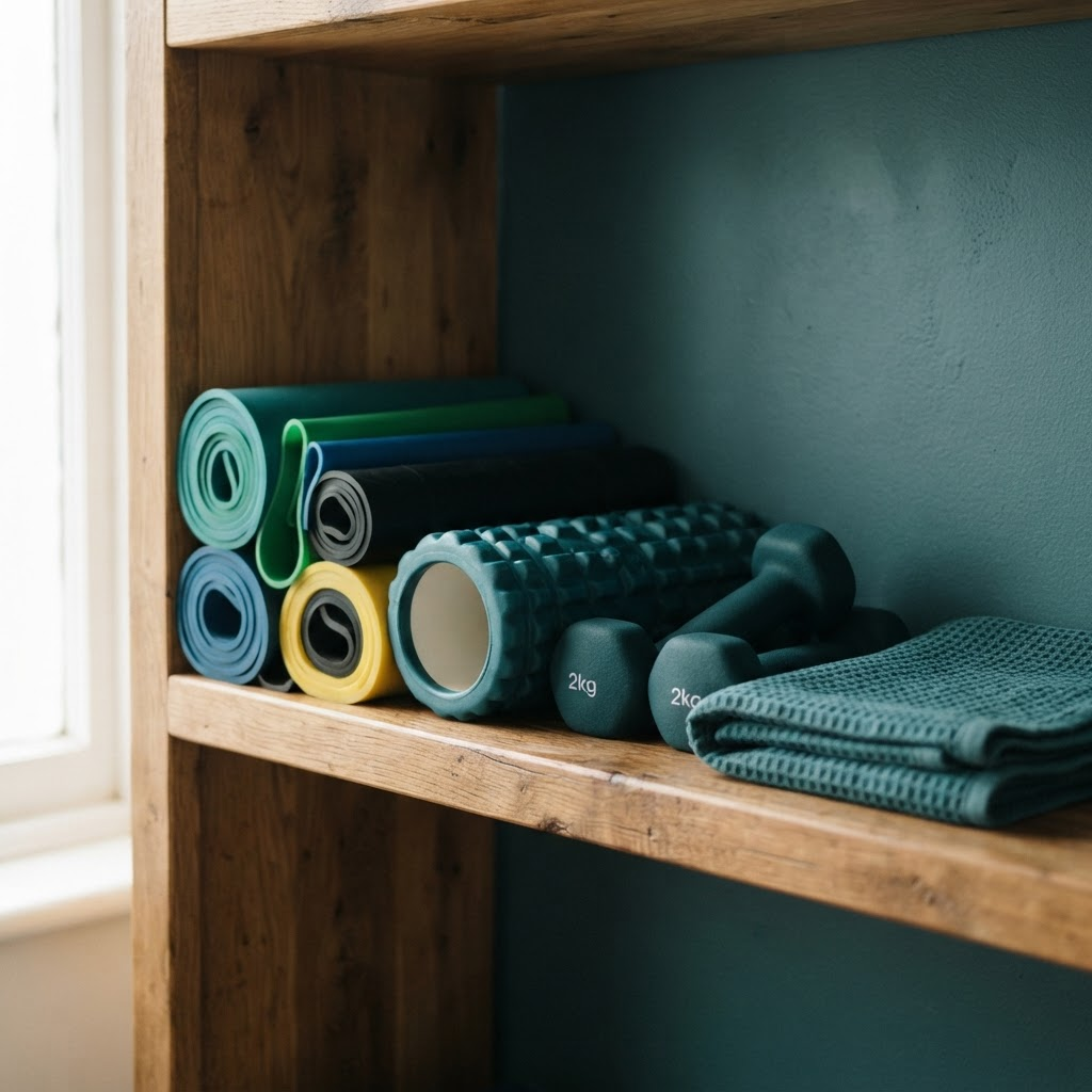 Physiotherapy equipment including resistance bands, a roller and hand weights arranged on a clinic shelf